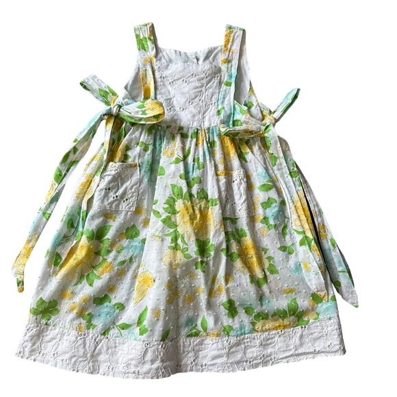 La Folie Dress Sundress Pinafore Eyelet Pockets Side Ties Yellow Floral Girls 6 - Picture 2 of 10